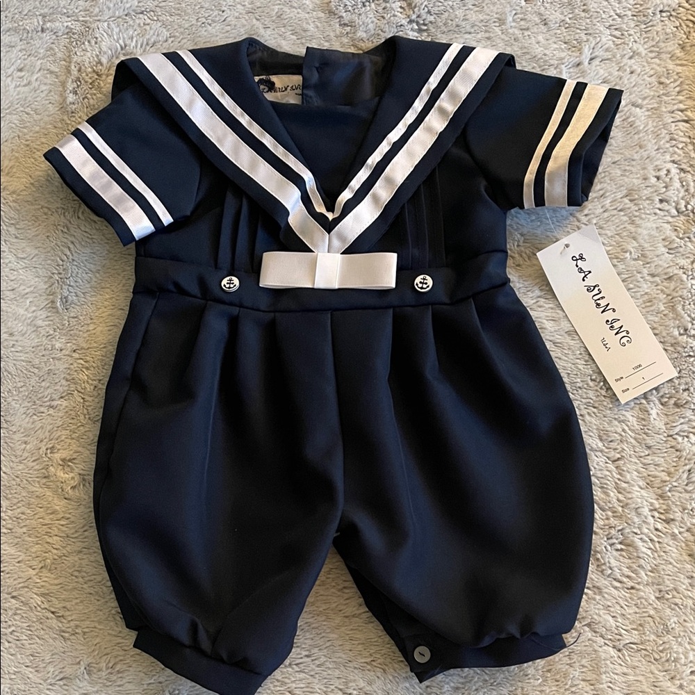 Navy Blue Sailor Romper with White Accents
